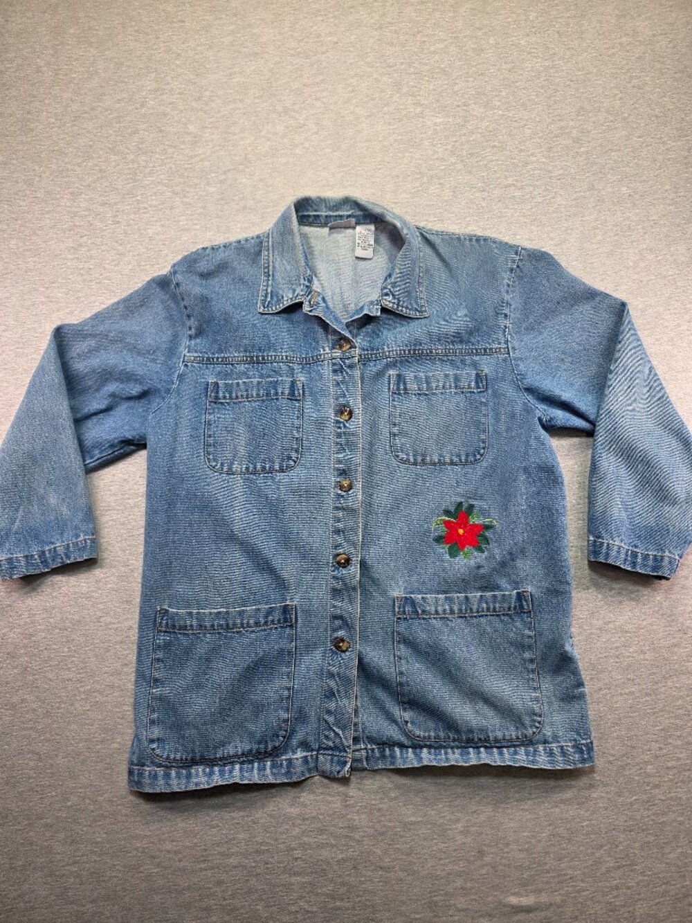 Cabin Creek Denim Jacket Poinsettia Embroidered Button Front Petite XL